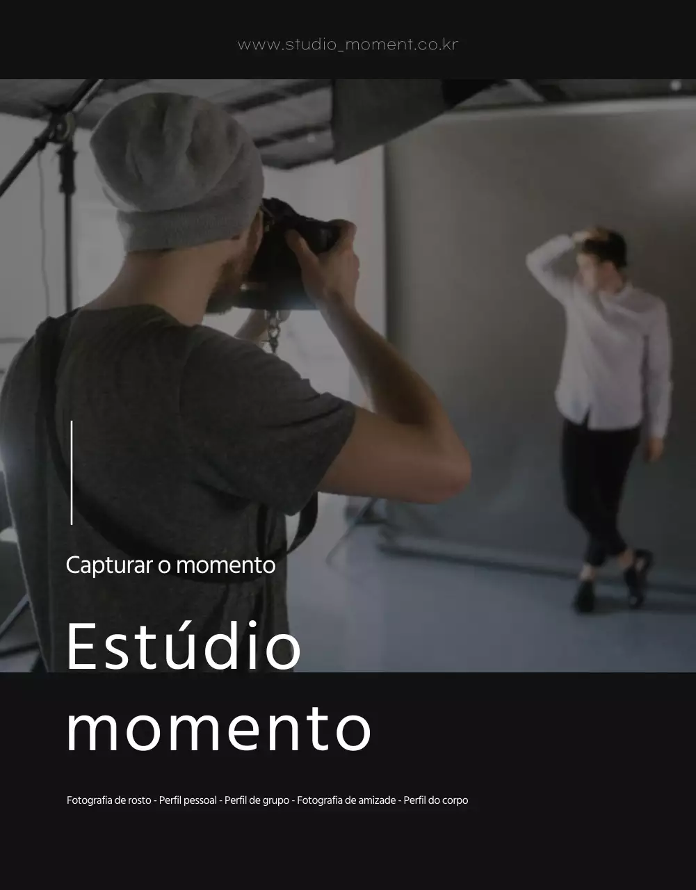 Página de pormenor do estúdio fotográfico com tons de cor a preto e branco