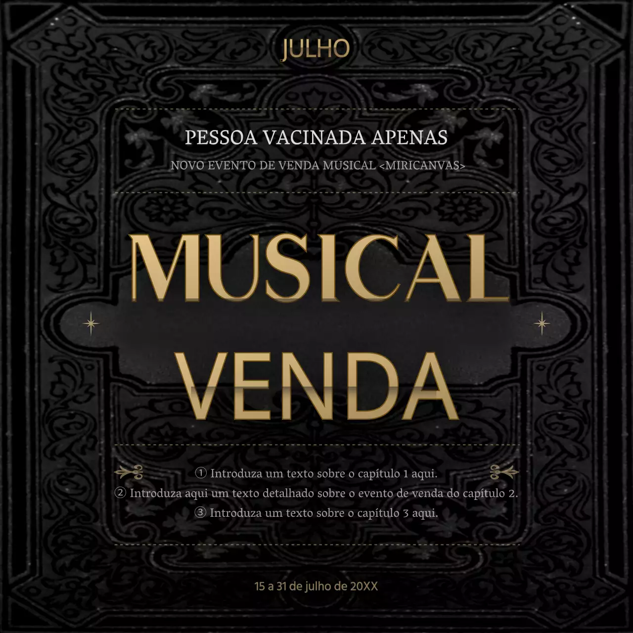 Evento de desconto musical com tema de livro clássico preto e dourado apenas para vacinadores