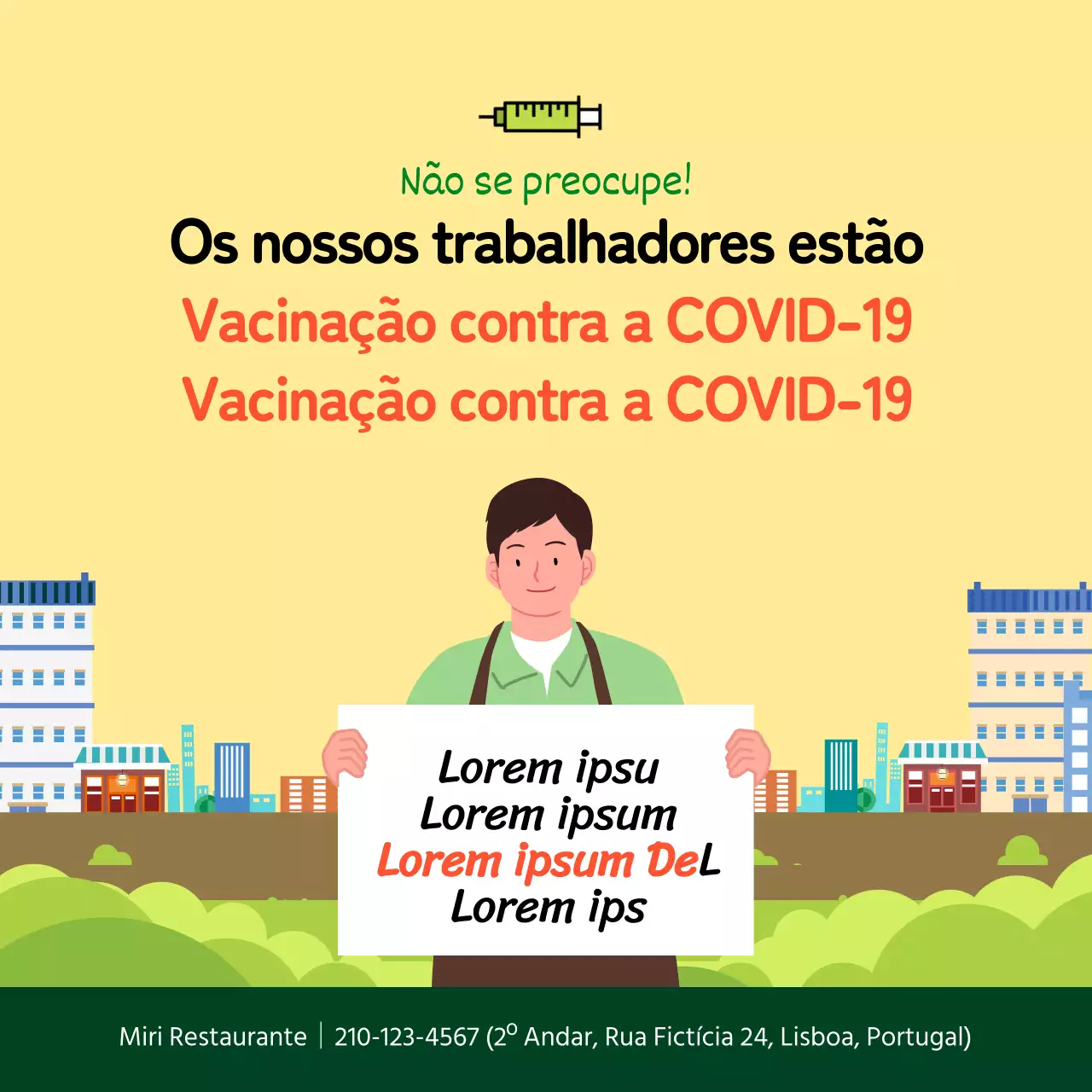 Cartaz quadrado de vacinação contra o coronavírus com ilustração amarela