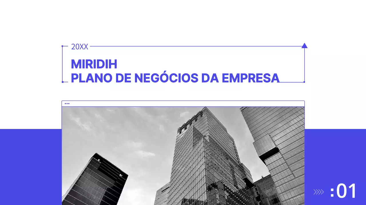 Plano de negócios limpo, azul e branco, apresentação empresarial PPT
