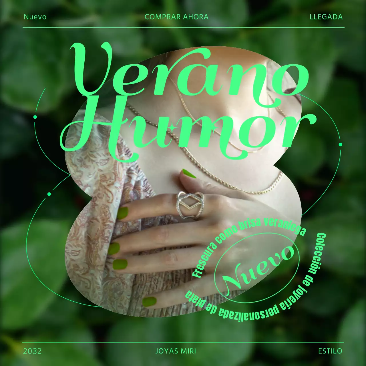 Promociona joyas tipográficas en verde y chartreuse fluorescente para un look de lujo