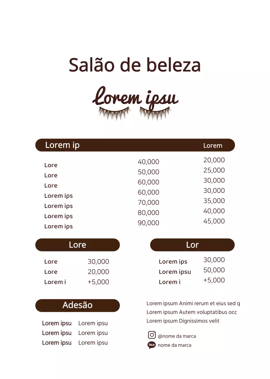 O menu da Brown's Basic Style Eyelash Extensions.