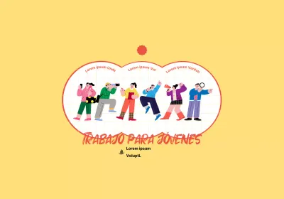 Concepto de centro de solicitud de empleo para jóvenes con simpáticas ilustraciones amarillas y rojas