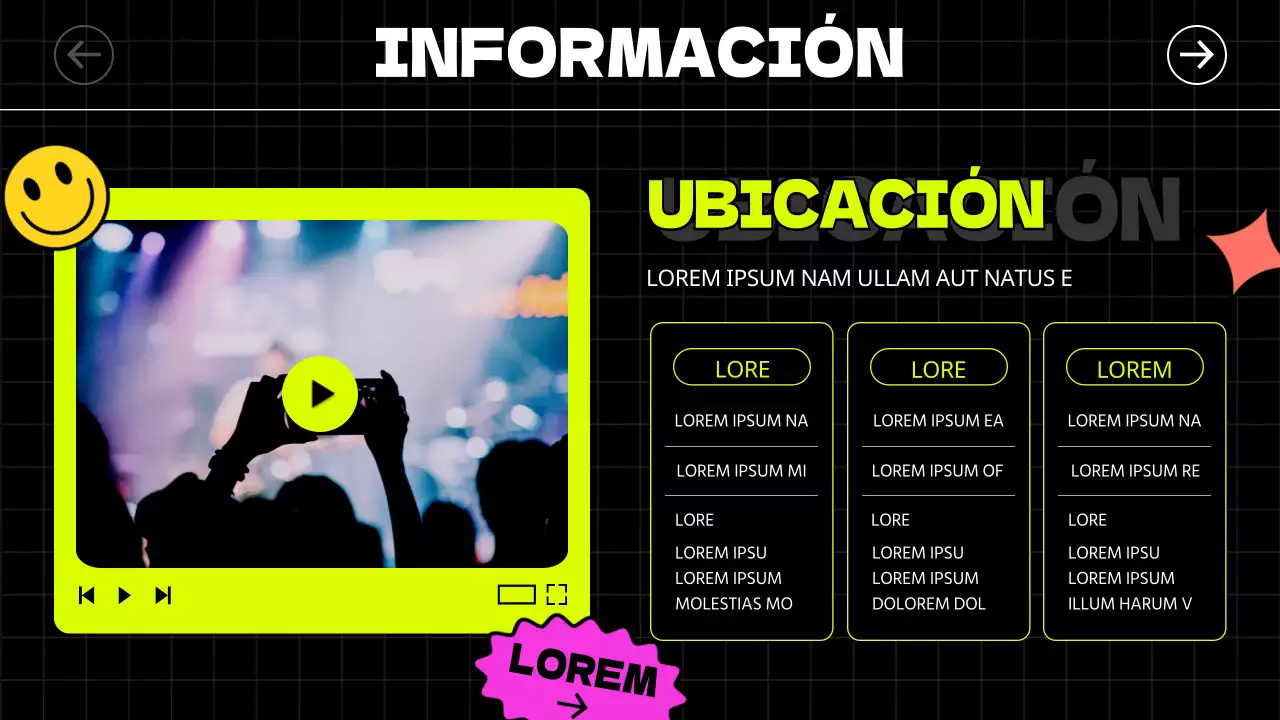 Pegatinas ilustradas de estilo kitsch y fuentes atrevidas en negro y colores neón dan un toque rítmico a las guías de conciertos y alquileres.