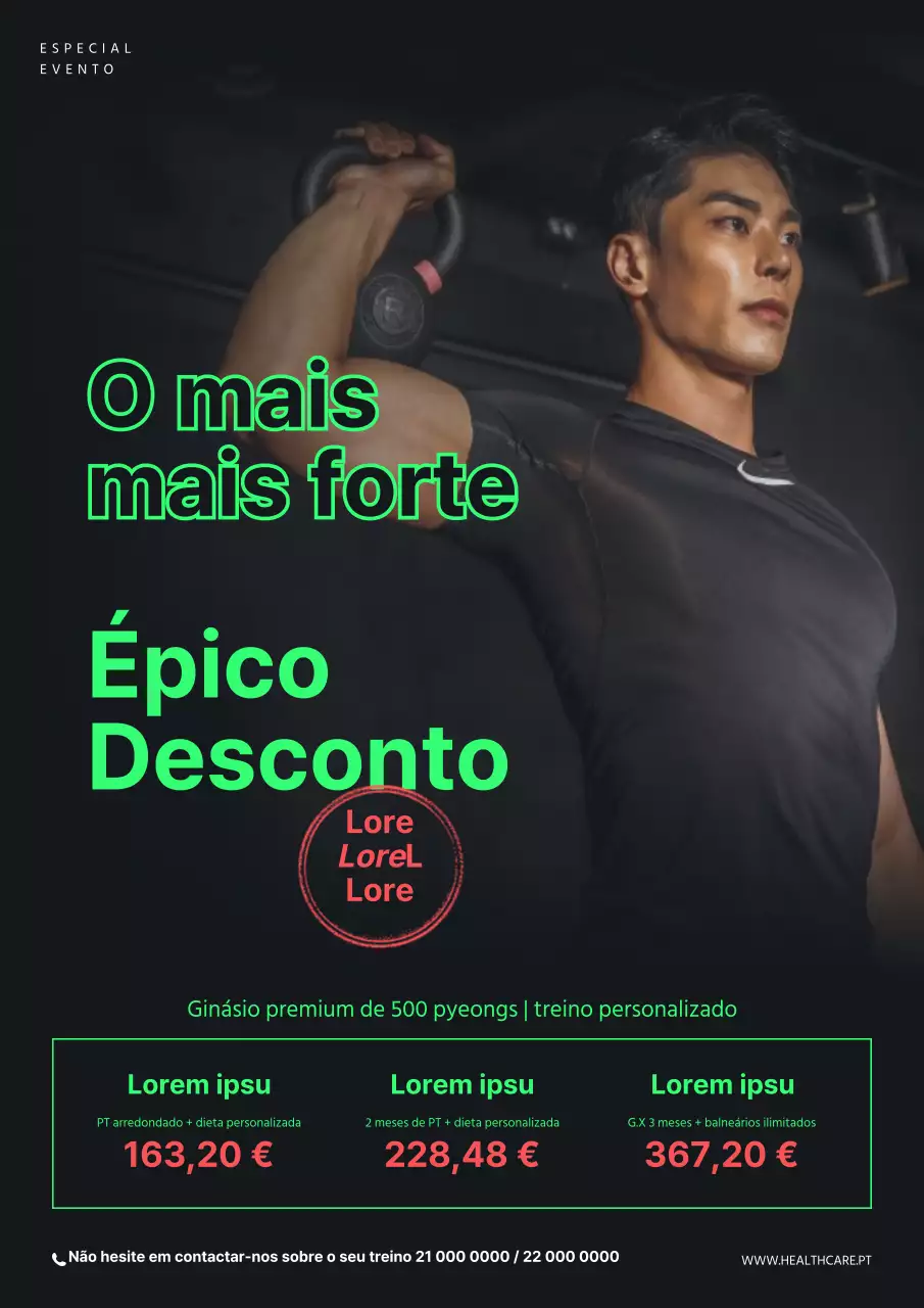 Promover uma grande venda com uma fotografia preta e verde fluorescente de si a fazer exercício
