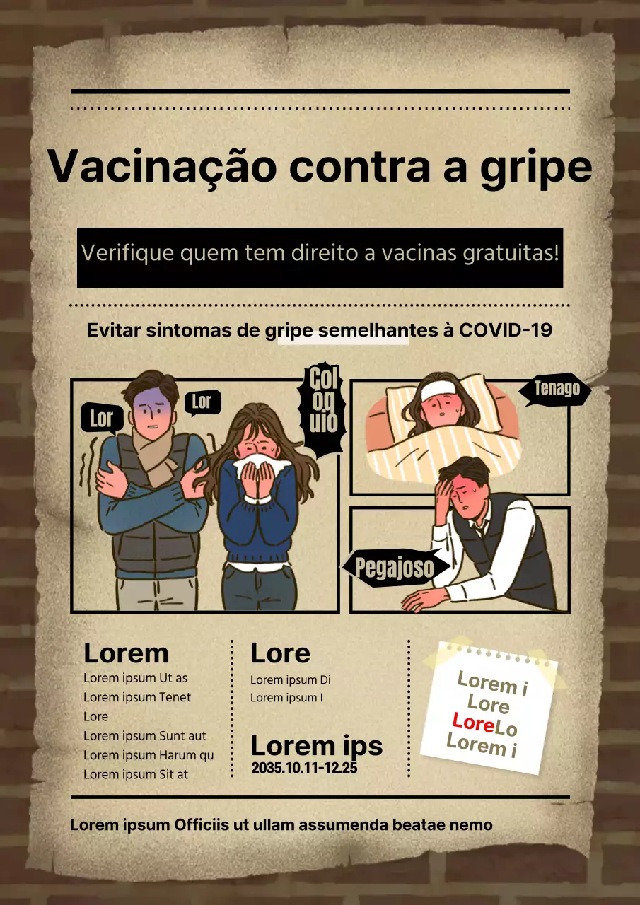 Guia de vacinação hospitalar com conceito de banda desenhada, com fundo de tijolo castanho e ilustrações de pessoas doentes com textura de papel