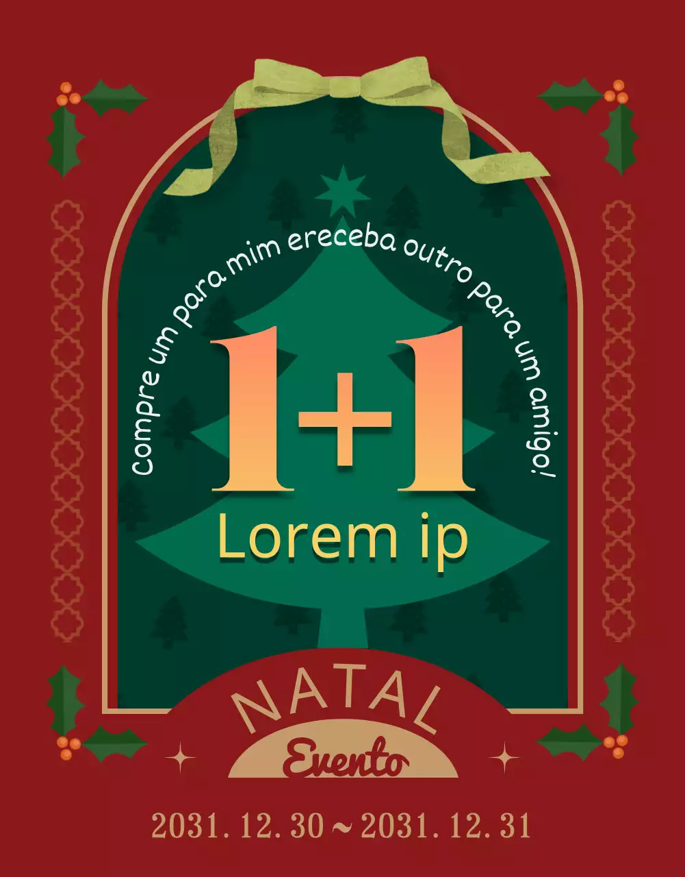 Evento de Natal "compre um e leve outro" com fundo vermelho e decorações para árvores