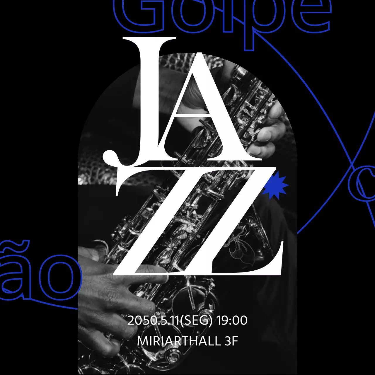 Um anúncio simples de um concerto de jazz em preto e azul