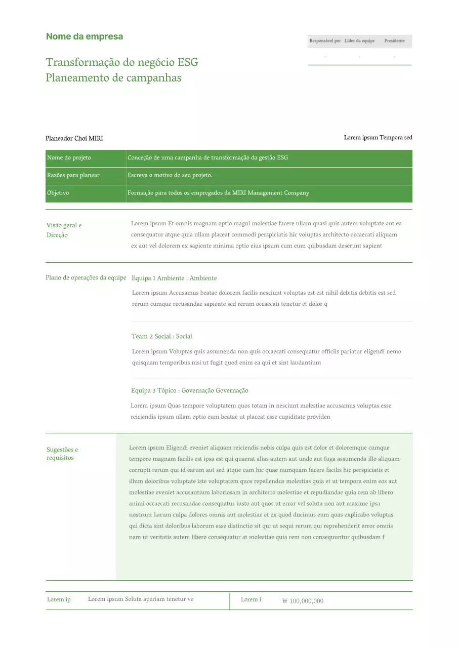 Plano de base da campanha de transformação da gestão do ESG em chartreuse.