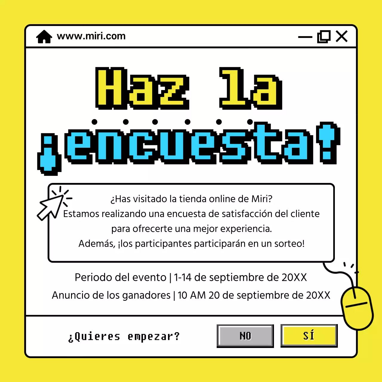 Anuncio de evento de encuesta con ventana de Internet de color amarillo neón