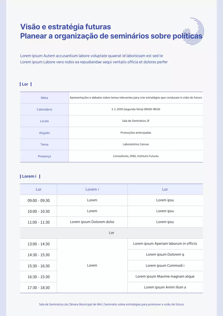 Um programa de seminário limpo, em tons de azul