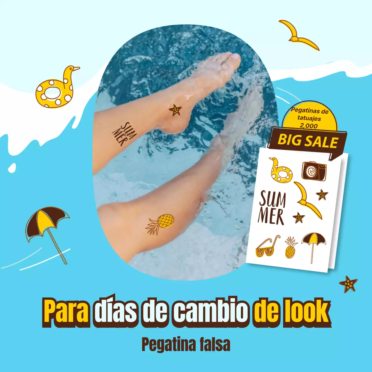 Pegatinas falsas para tatuajes con un alegre concepto de ilustración de olas oceánicas veraniegas