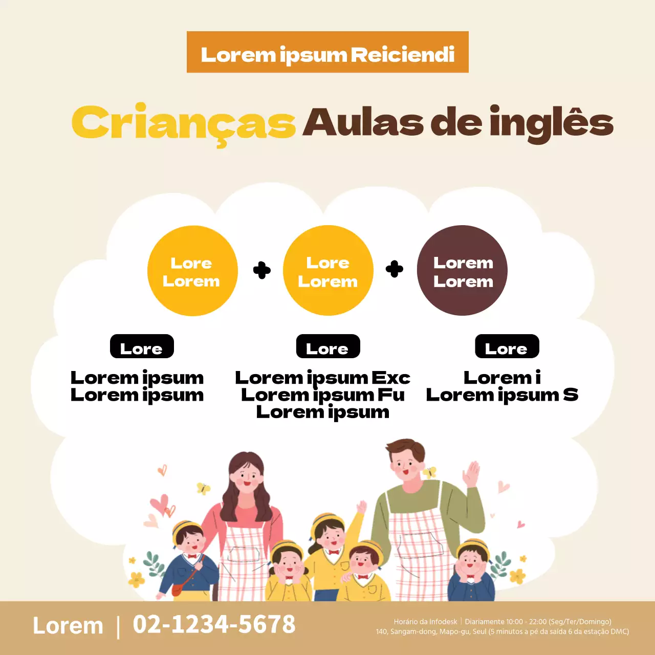 Ilustração a amarelo de uma promoção de uma escola de inglês
