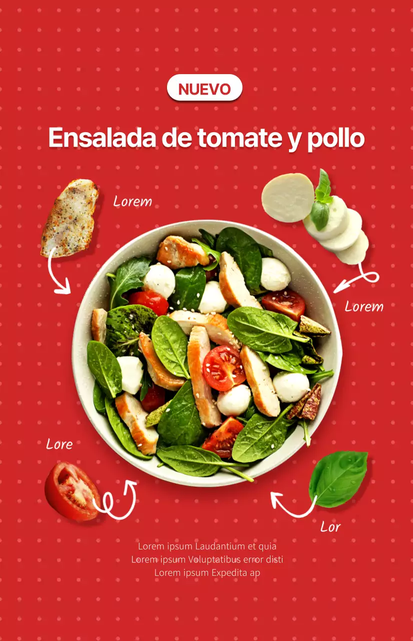 Promocione un nuevo menú de ensalada con un fondo de puntos rojos y blancos