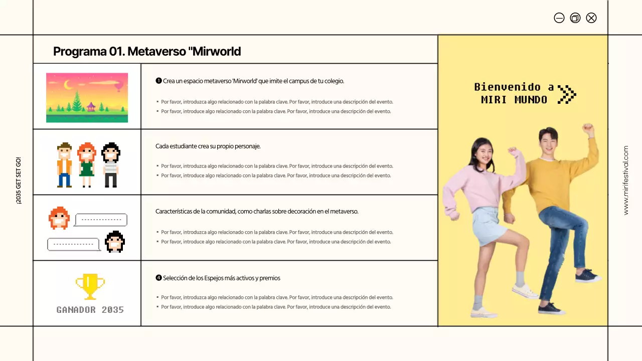 Los marcos de líneas marfil y amarillo realzan la propuesta de festival universitario