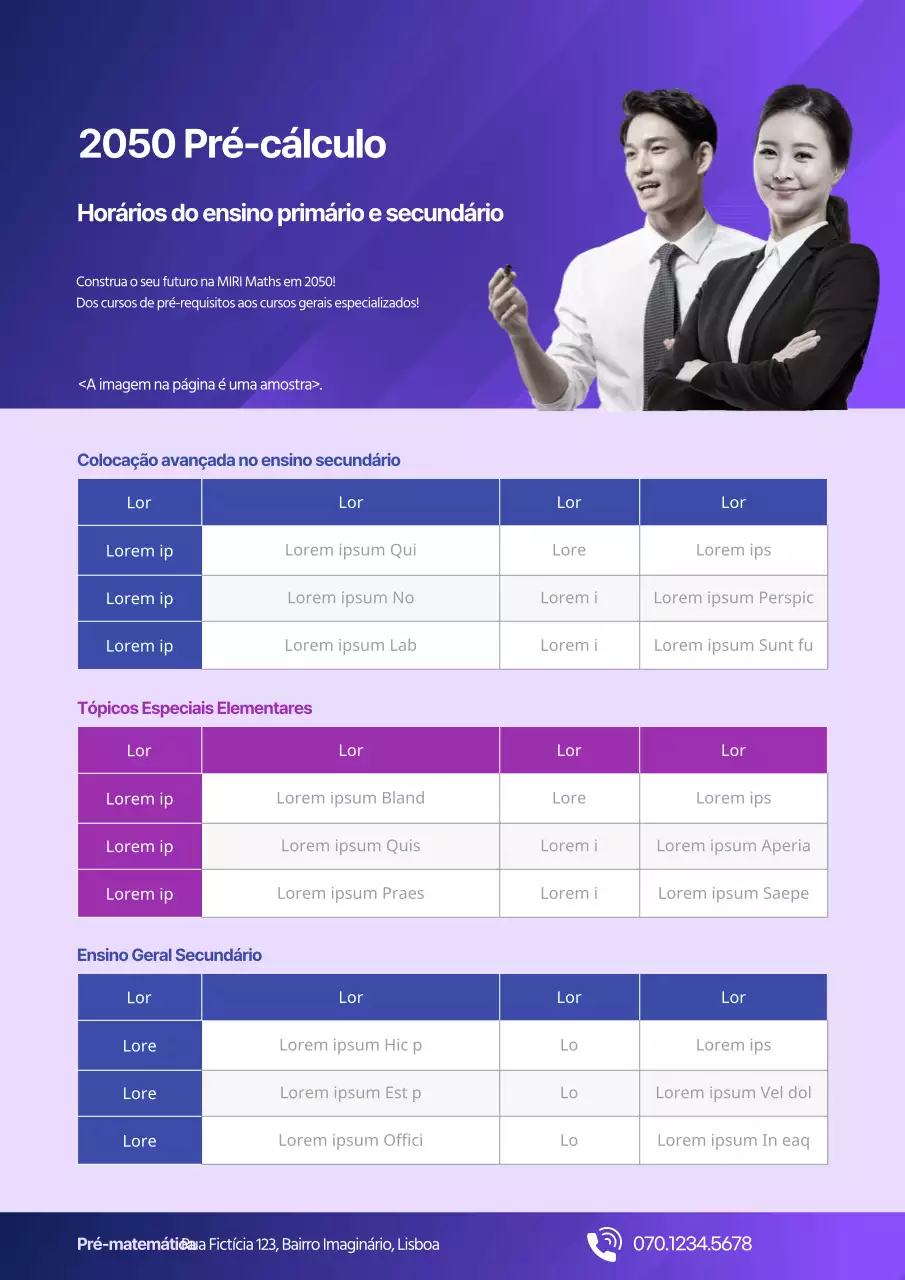 Horário escolar simples com fotografias de professores num fundo roxo
