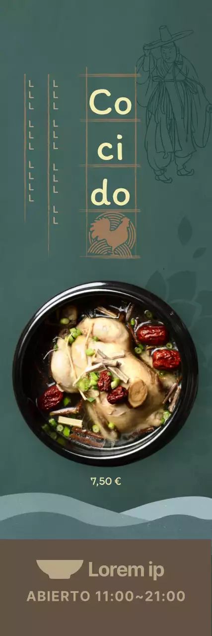 Menú de verano con fondo verde oscuro e ilustraciones orientales