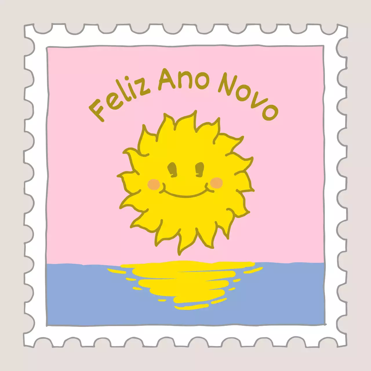 Carimbo de Ano Novo com ilustração de um sol cor-de-rosa e amarelo