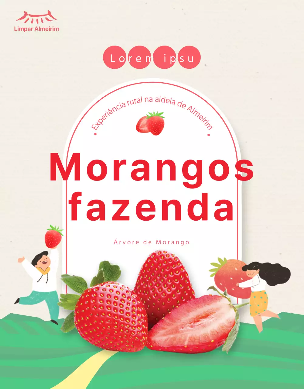 Detalhes da experiência da quinta de morangos com ilustrações cor-de-rosa
