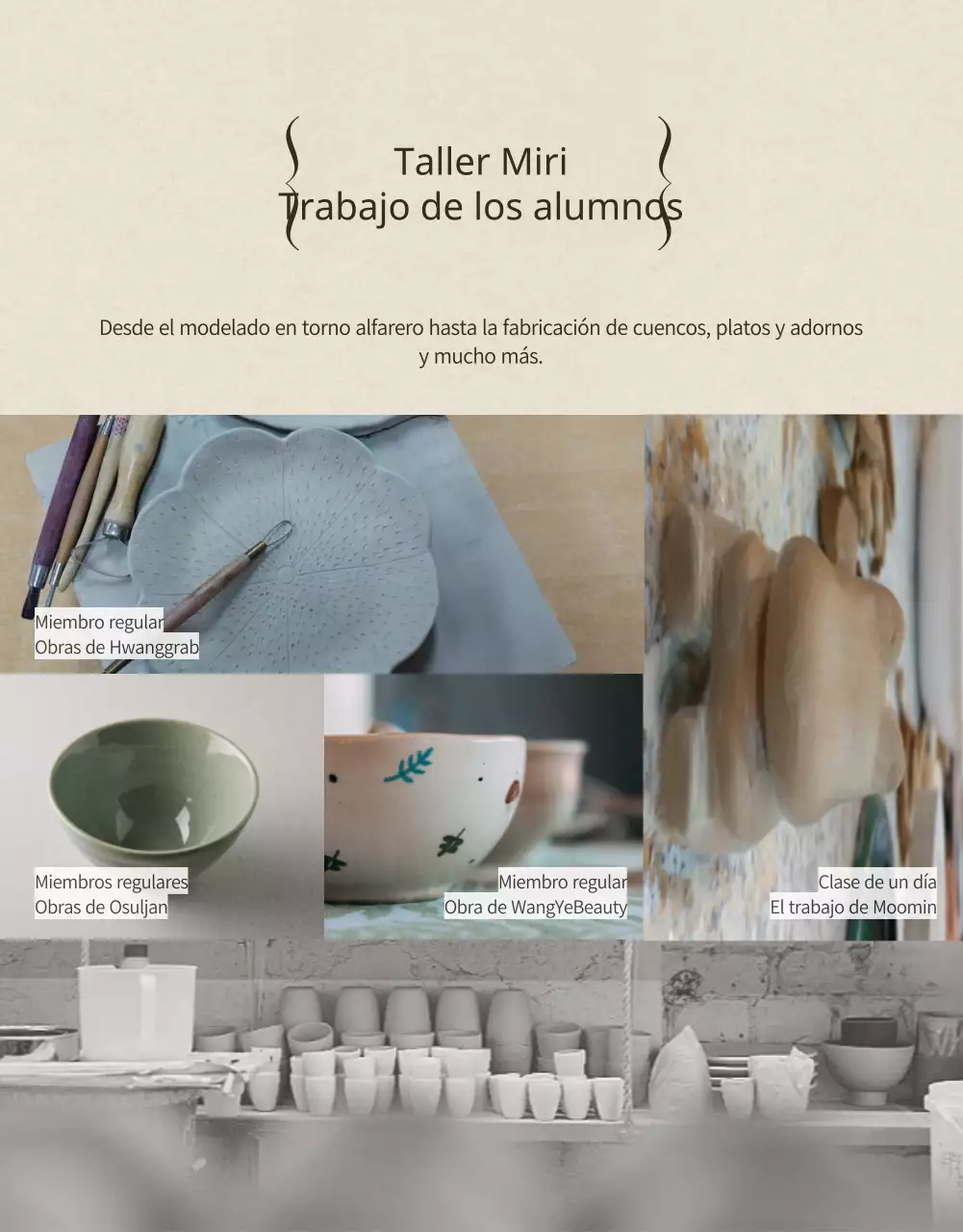 Clase de cerámica de un día con muchos marcos de fotos beige