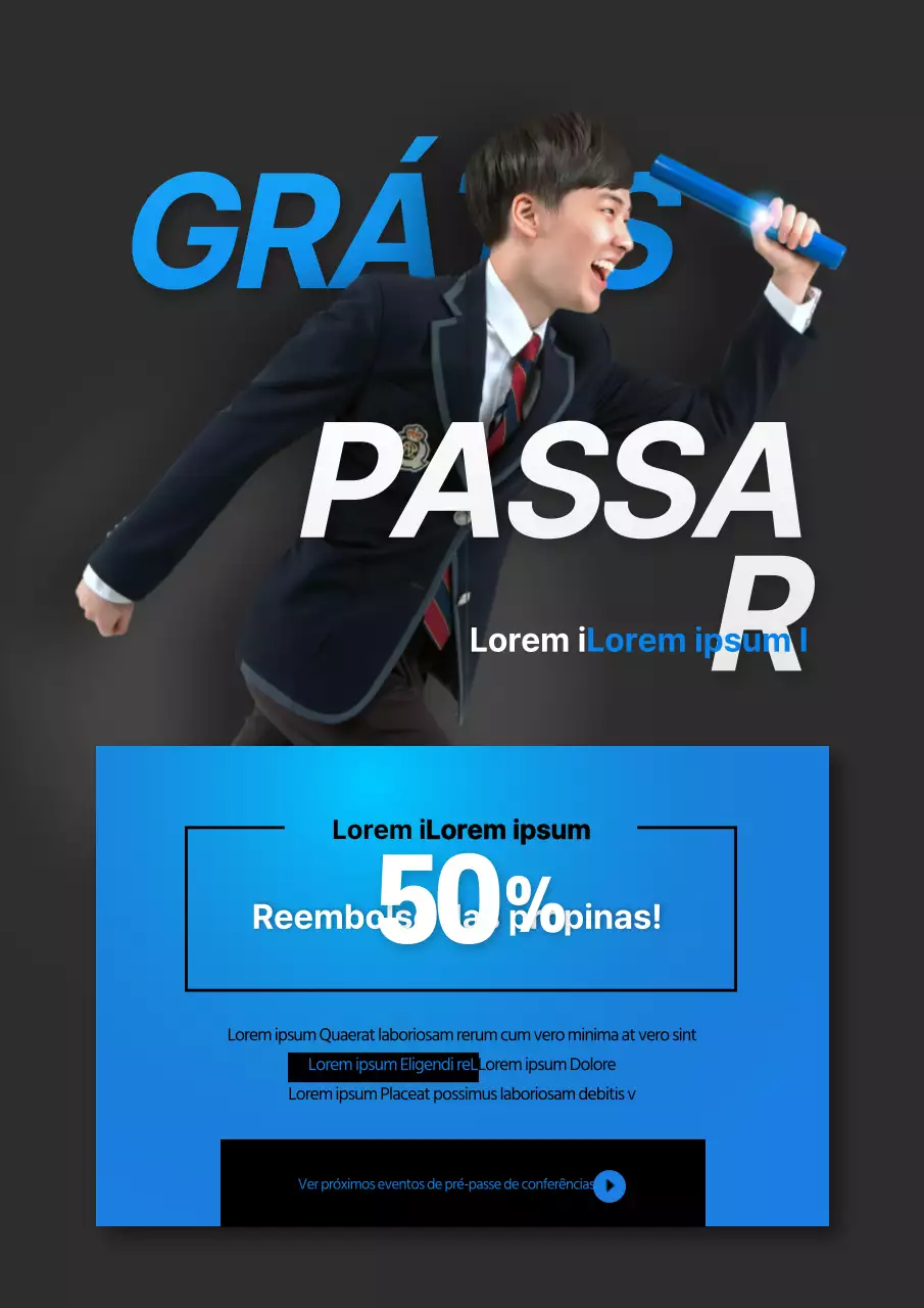 Promover um evento de classificação na Escola de Minas com uma fotografia azul e preta de um aluno a correr