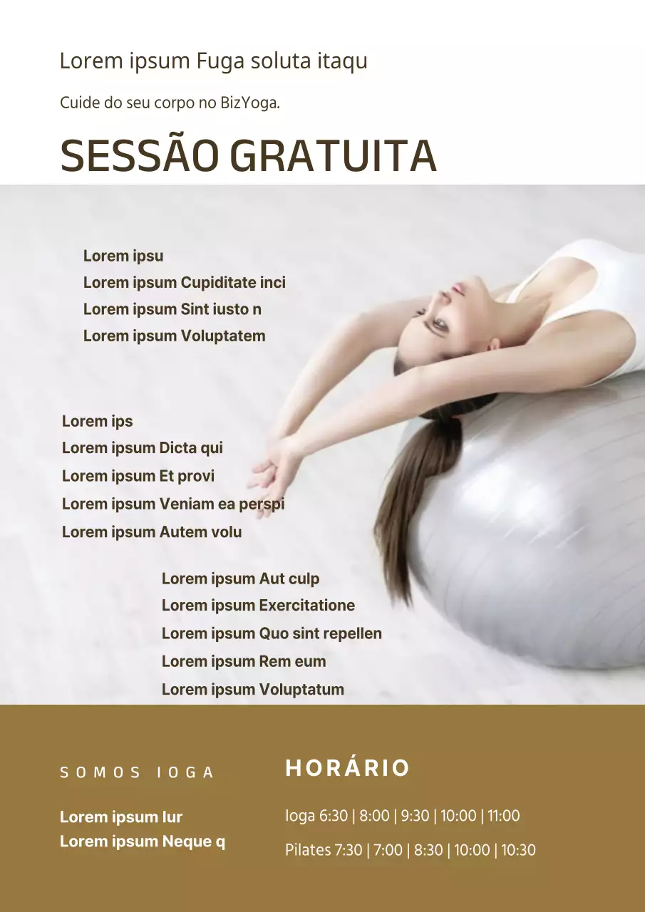 Promover uma escola de ioga e pilates limpa com uma fotografia dourada de uma mulher a praticar ioga