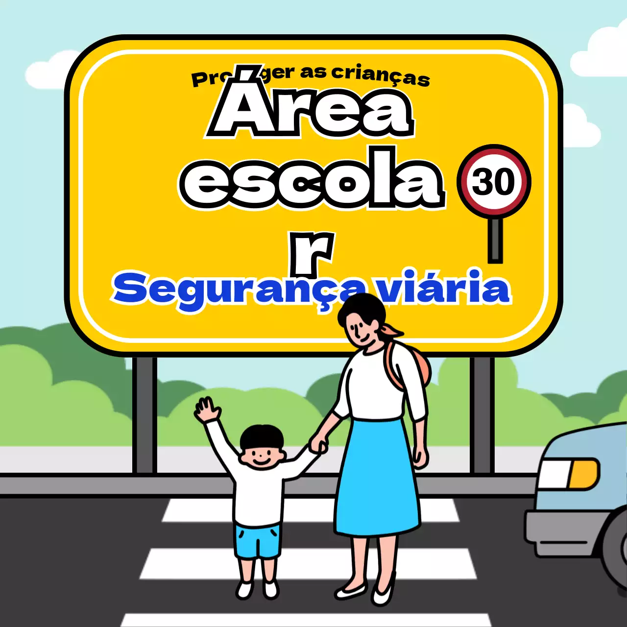 Conselhos de segurança para o trânsito na zona escolar com um conceito de sinal amarelo e azul