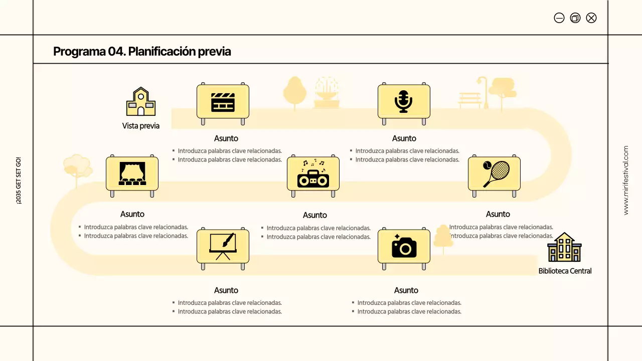 Los marcos de líneas marfil y amarillo realzan la propuesta de festival universitario