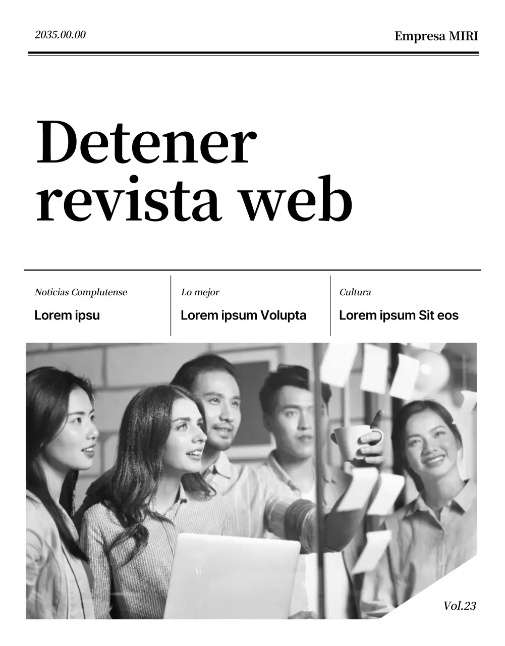Webzine corporativo con diseño de revista en blanco y negro y azul