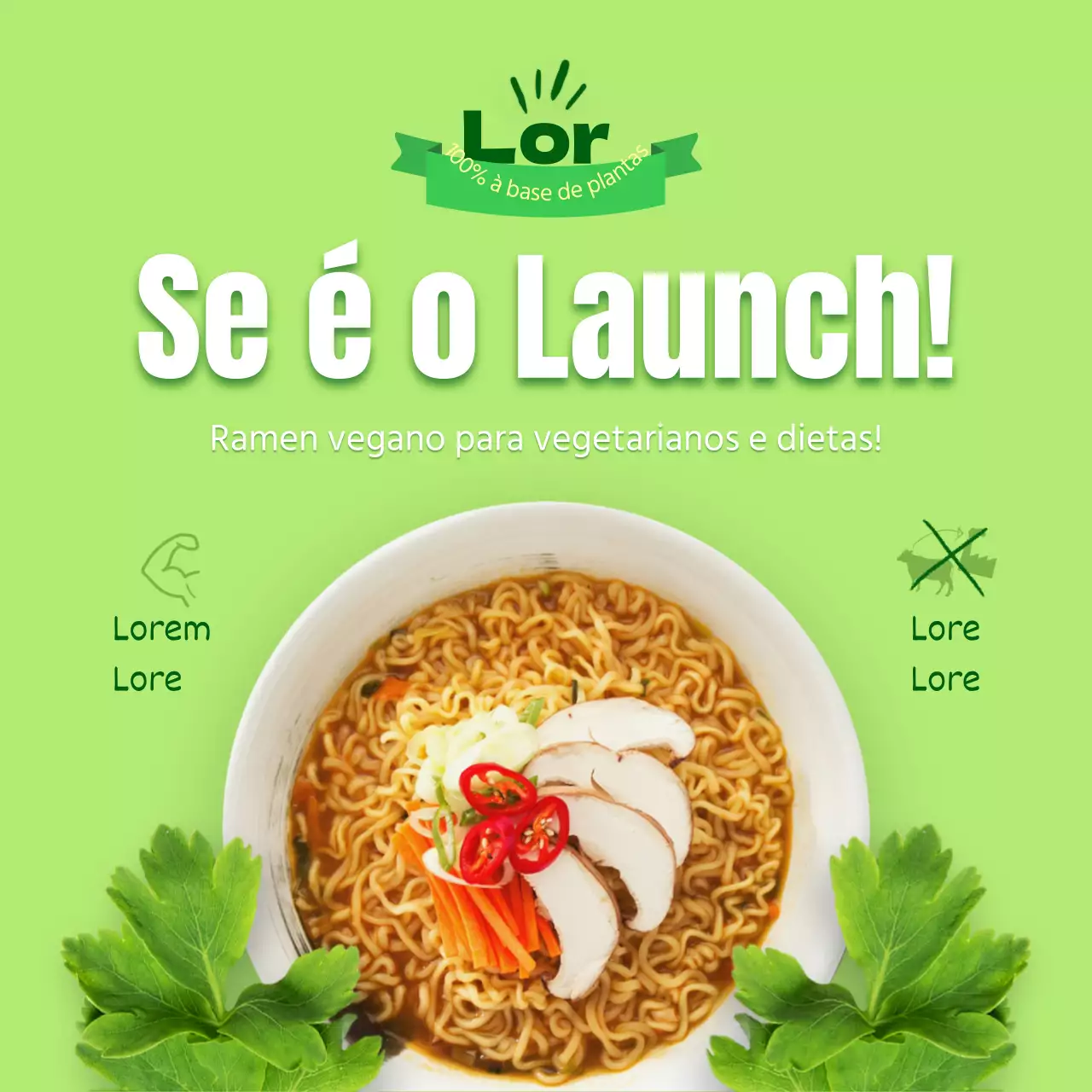 Anúncio do lançamento de massas veganas limpas com um fundo verde-limão
