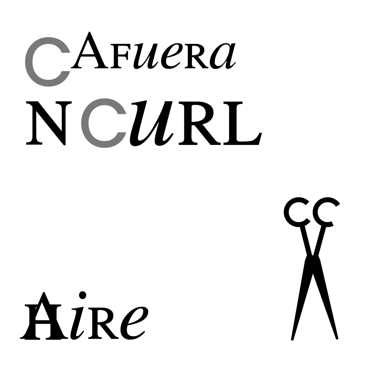 Rótulo de tienda de aspecto clásico con texto en blanco y negro sobre peluquería de corte y rizado e ilustración de unas tijeras.