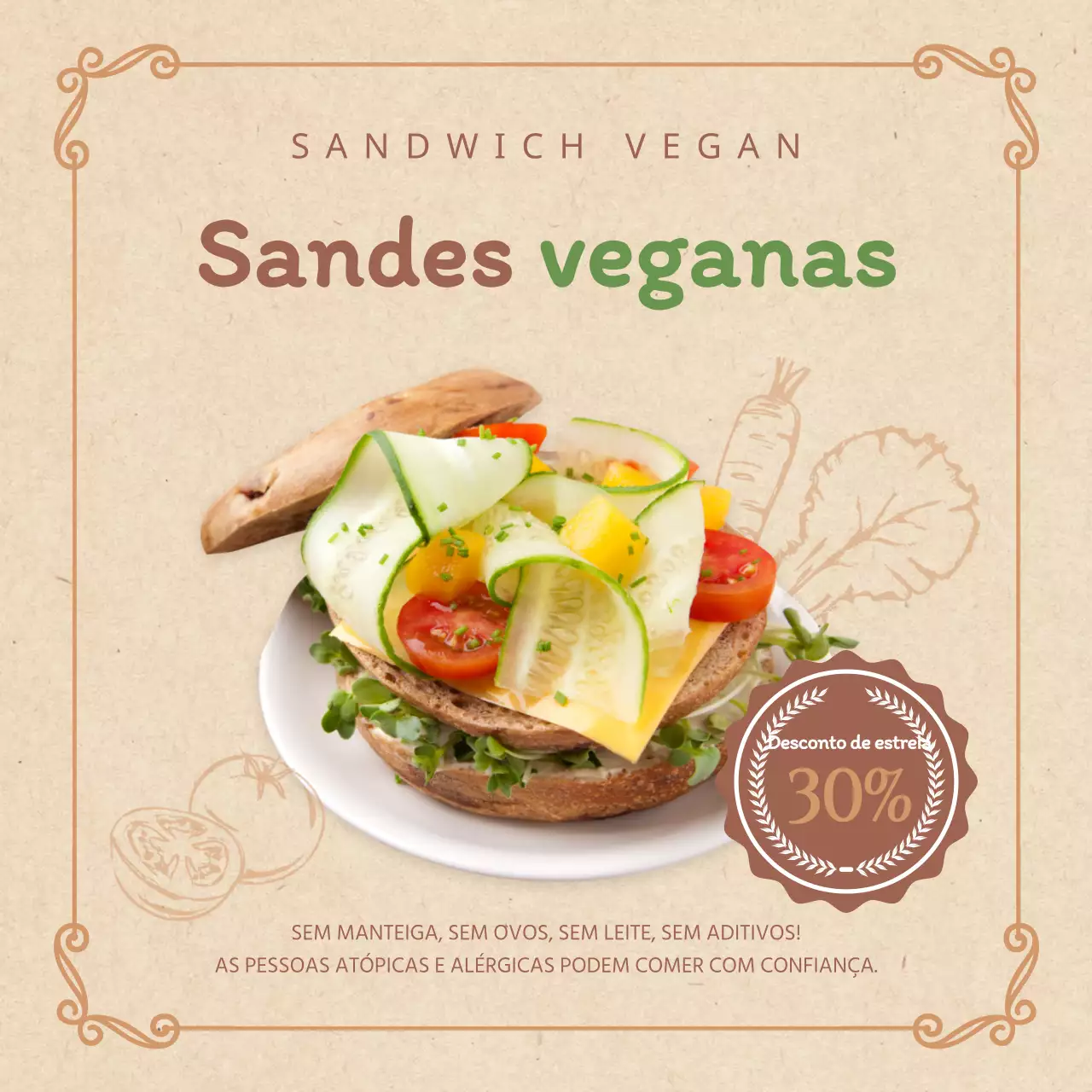 Evento de lançamento da sanduíche vegana em bege e verde