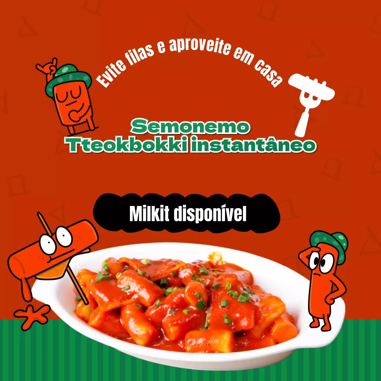 Promoção do lançamento de um bonito kit de refeições instantâneas tteokbokki vermelho e verde