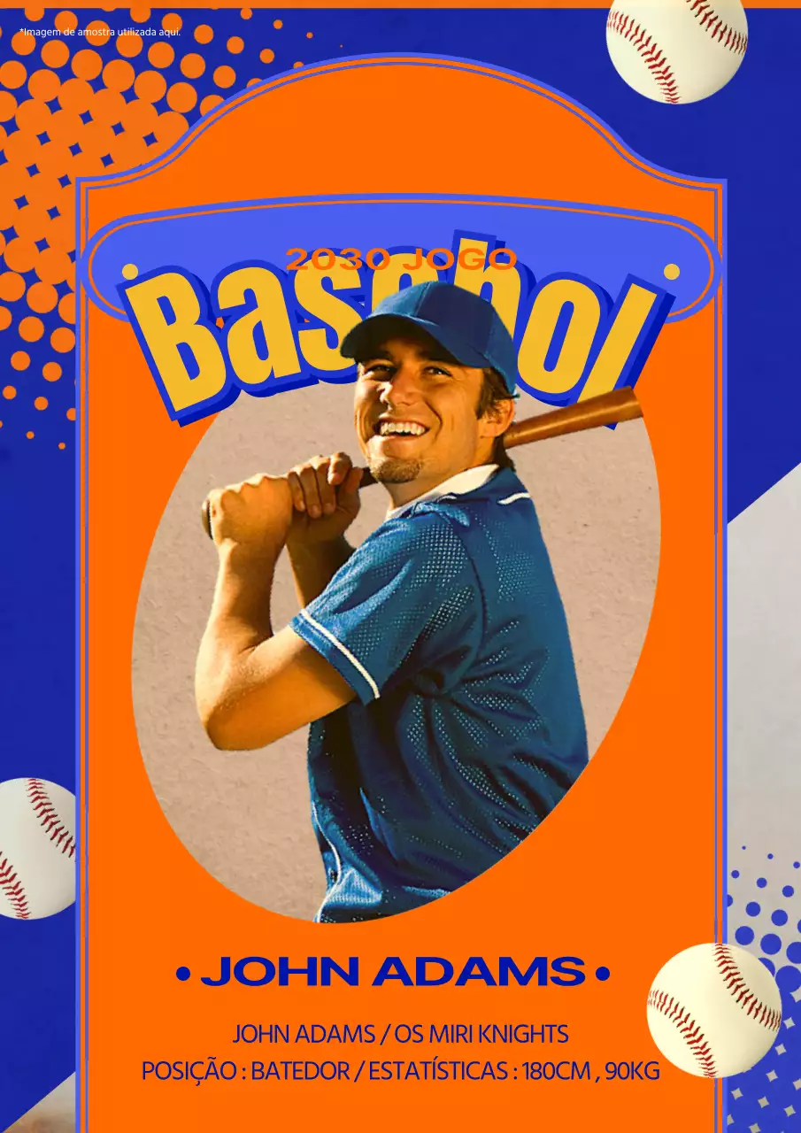 Uma peça promocional de aspeto retro com um jogador de basebol sobre um fundo azul e laranja