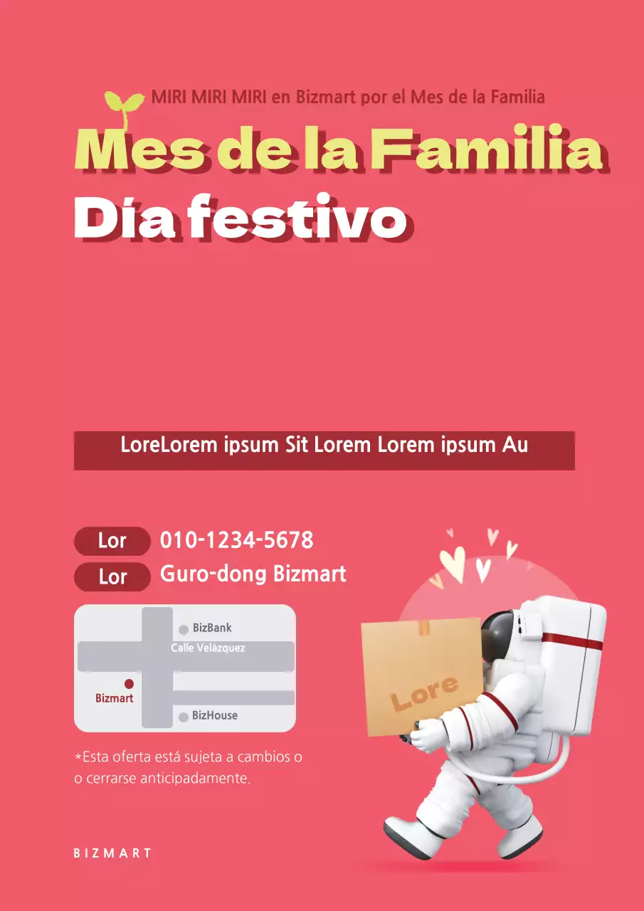 Promocione la inauguración de una tienda de comestibles con una ilustración de un astronauta rosa.