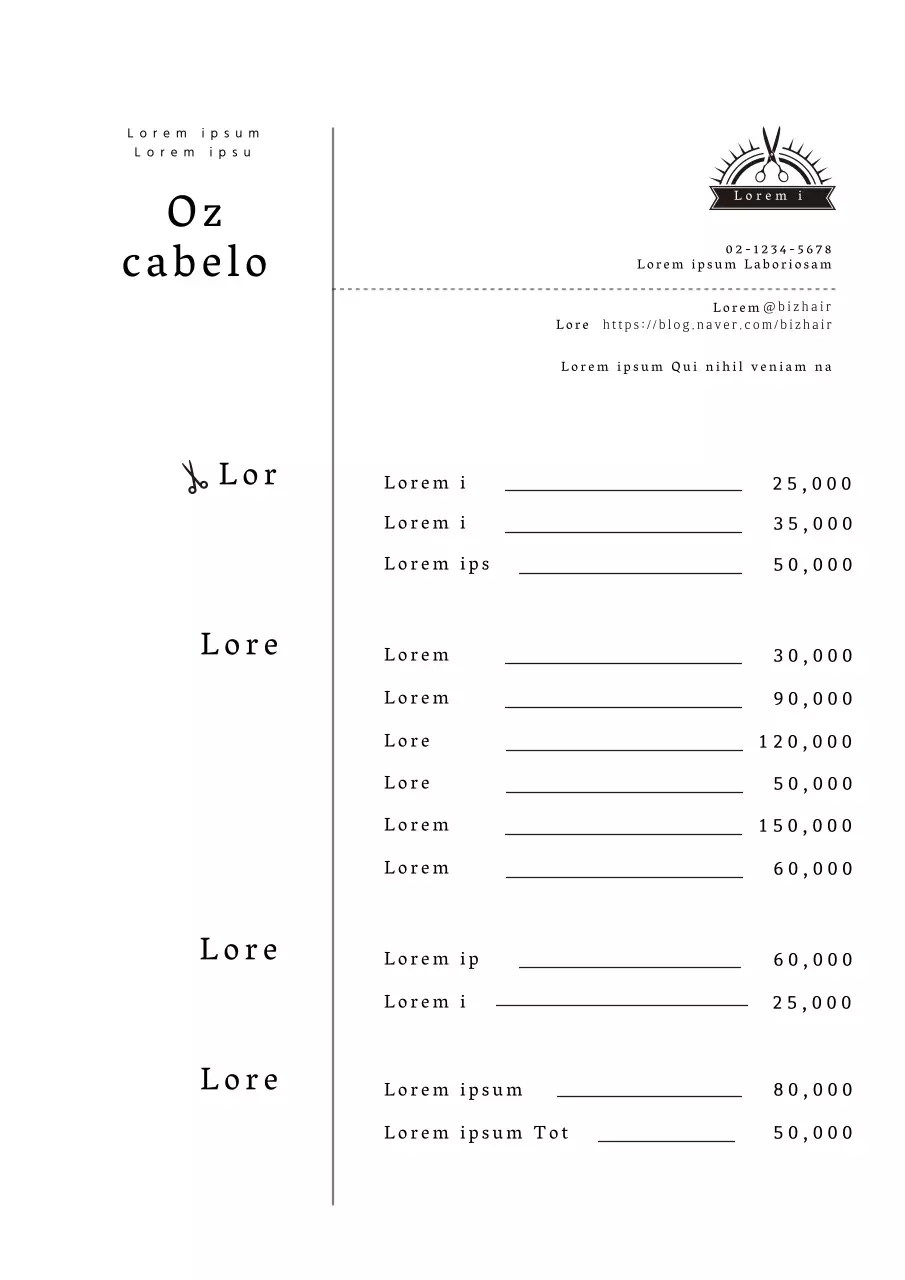 Menu de salão de cabeleireiro limpo com letras pretas