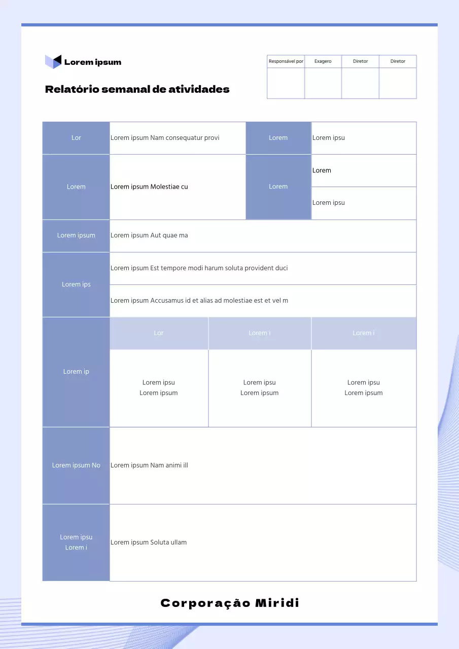 Modelo de documento de relatório de trabalho semanal para escritório corporativo em bluetone