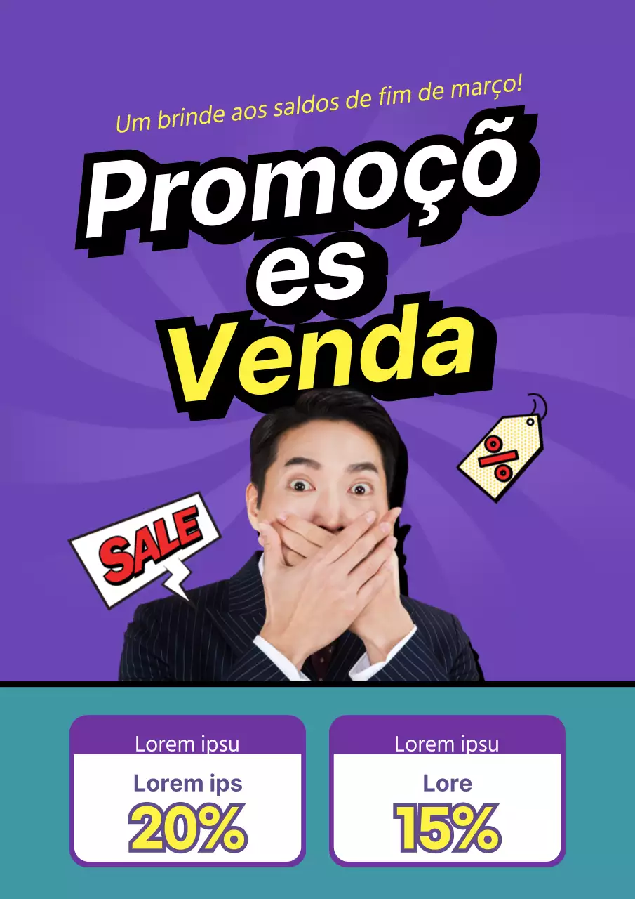 Folheto simples de um evento de saldos num centro comercial em roxo e amarelo