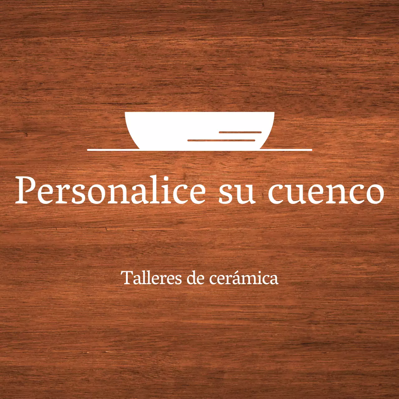 Un sencillo rótulo de taller con texto en blanco e ilustración de un cuenco