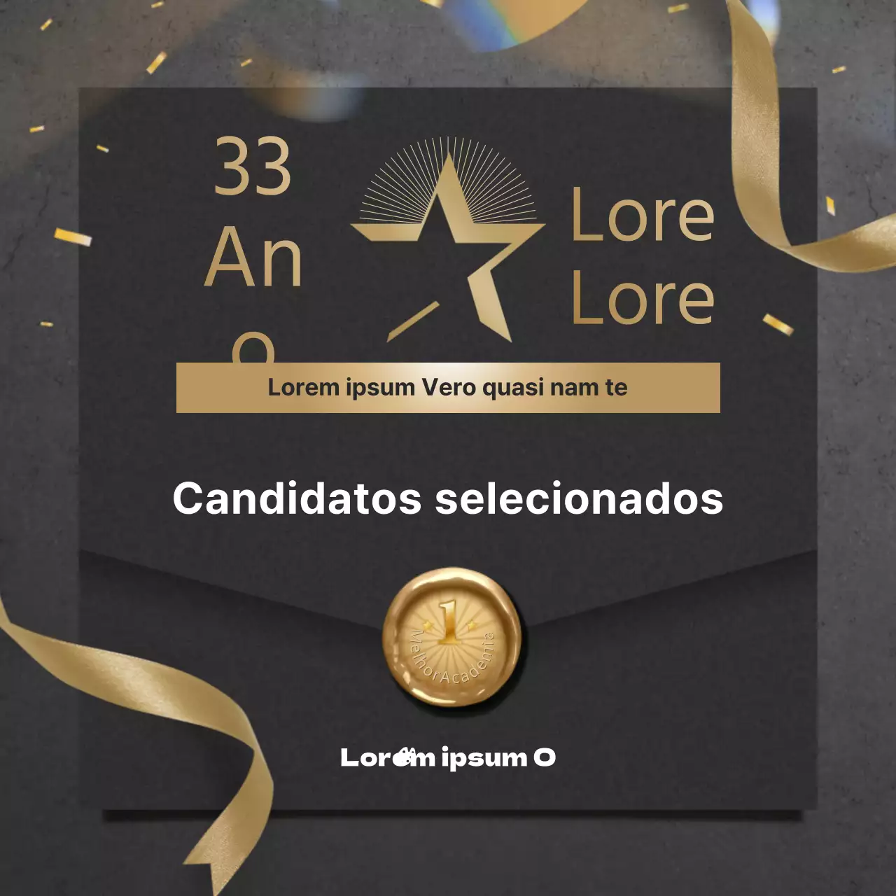 Tema de envelope luxuoso e glamoroso em preto e dourado com um conceito de lista de admissões em universidades dos EUA