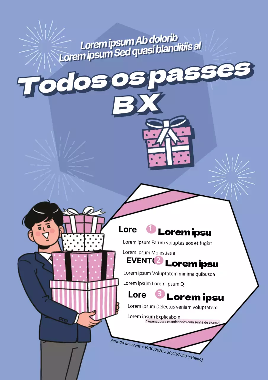 Evento de passagem à idade adulta com caixas de presente roxas e cor-de-rosa e uma ilustração de um homem