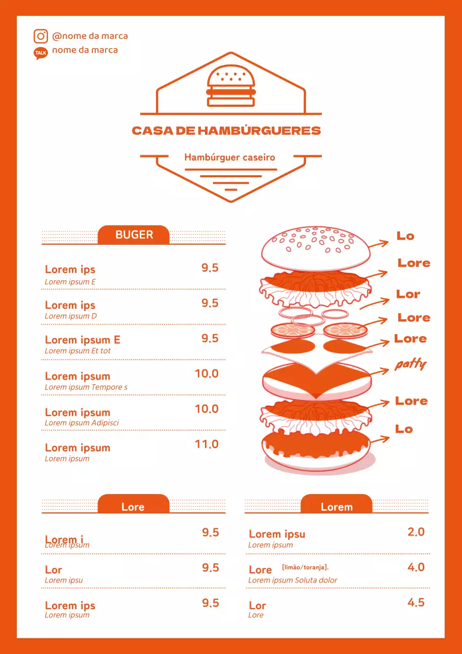 Menu de hambúrguer de restaurante giro com ilustração de laranja