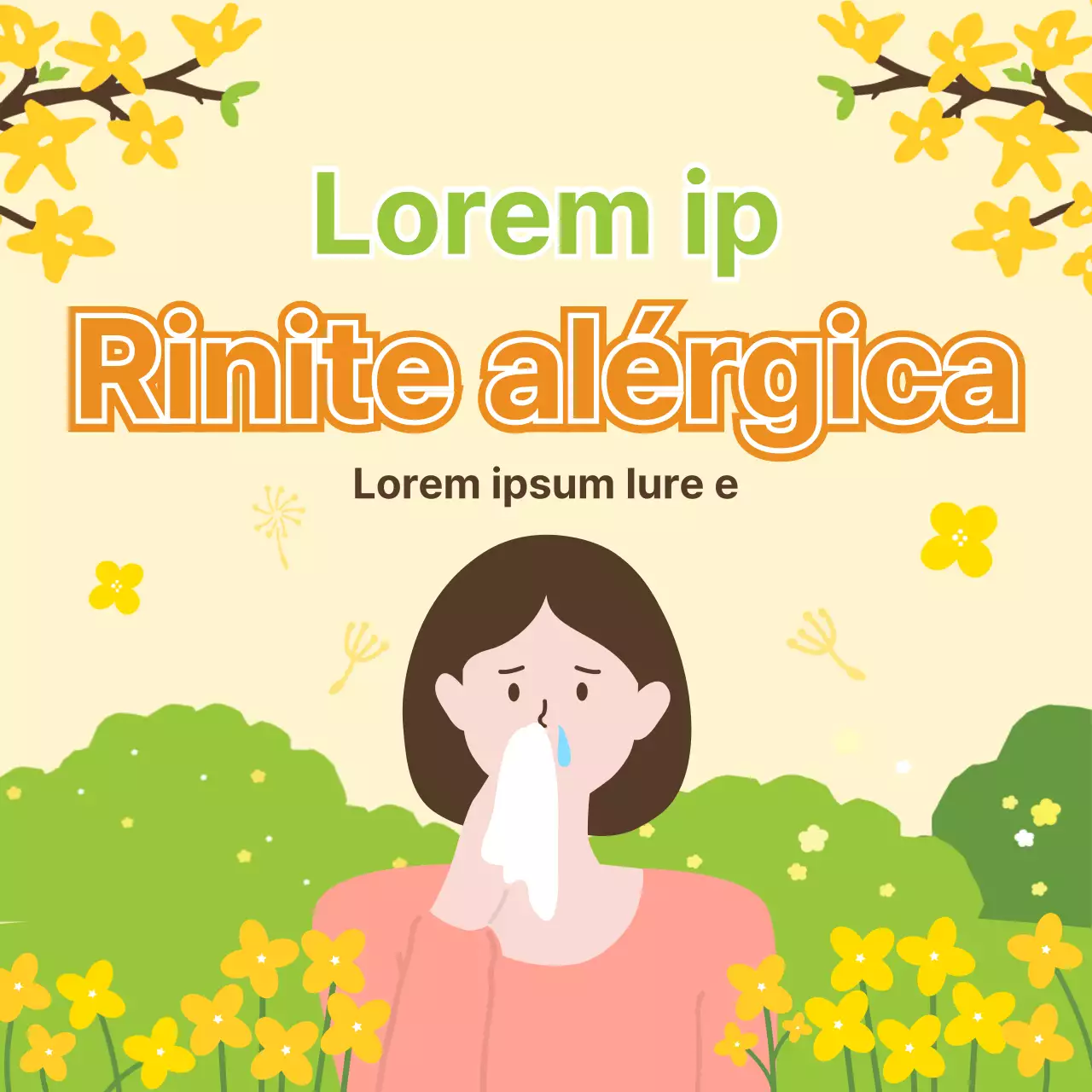 Prevenção da rinite alérgica na primavera com ilustrações quentes, frescas e primaveris em tons pastel amarelos e verdes claros.