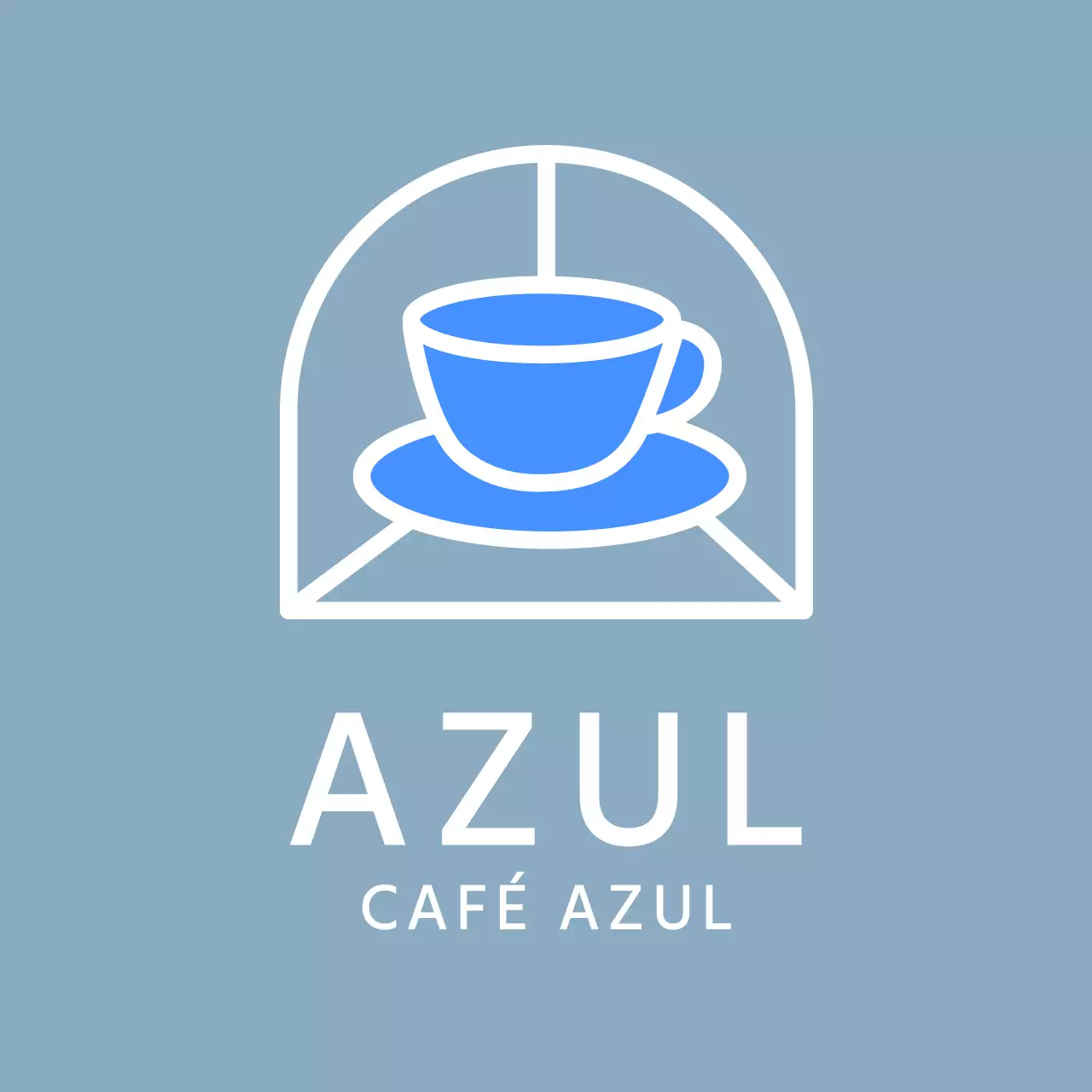 Desenho de avental com logótipo de café e ilustração de chávena de café azul