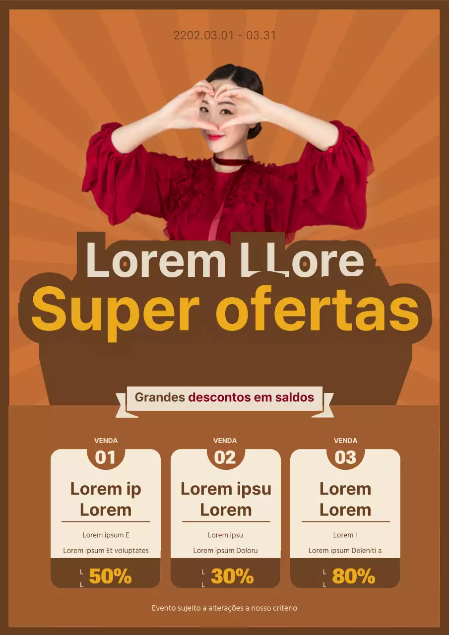 Folheto de promoção de um evento de saldos de marca, castanho e colorido