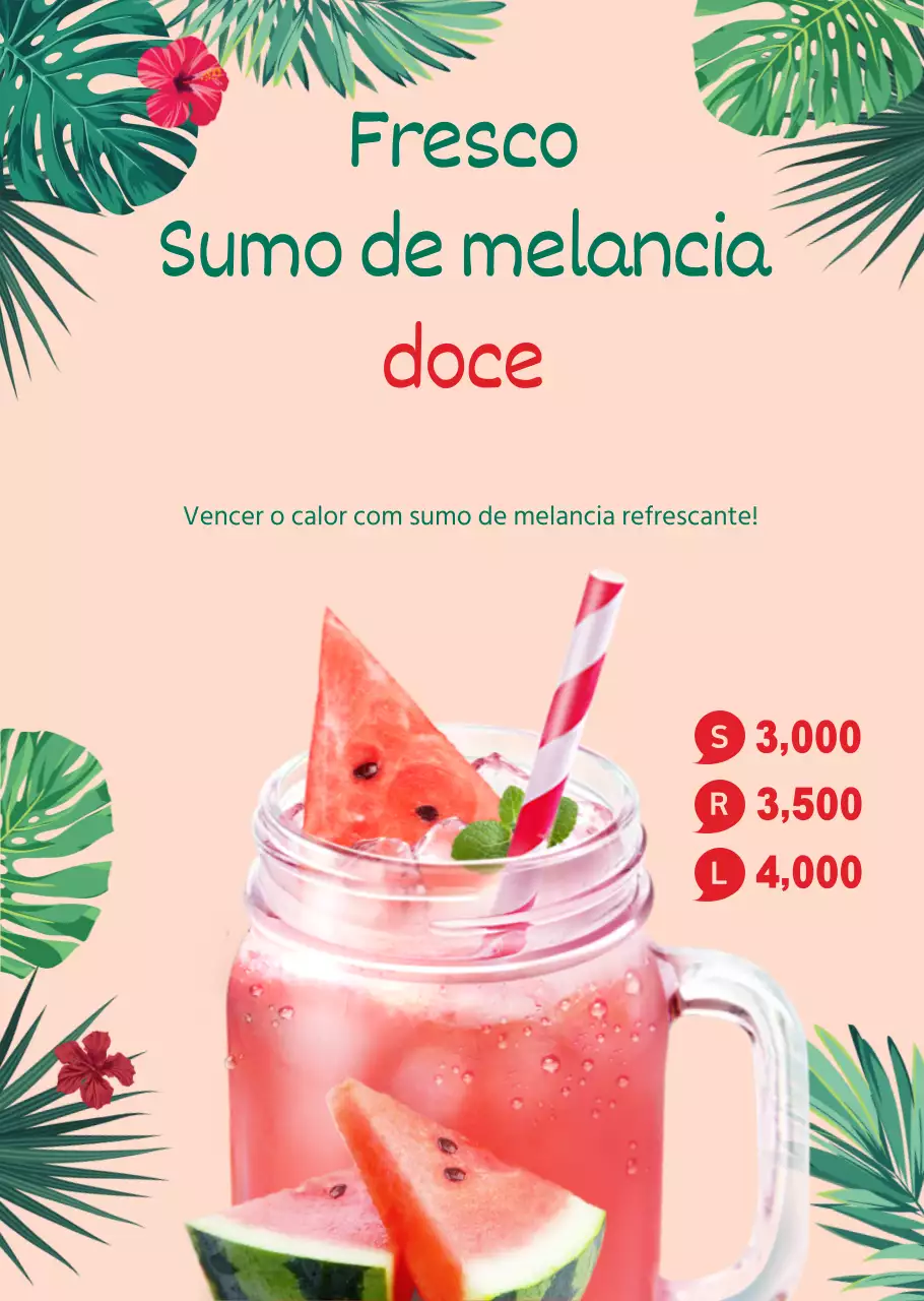 Cartaz transparente de uma bebida fresca de verão, sumo de melancia, café