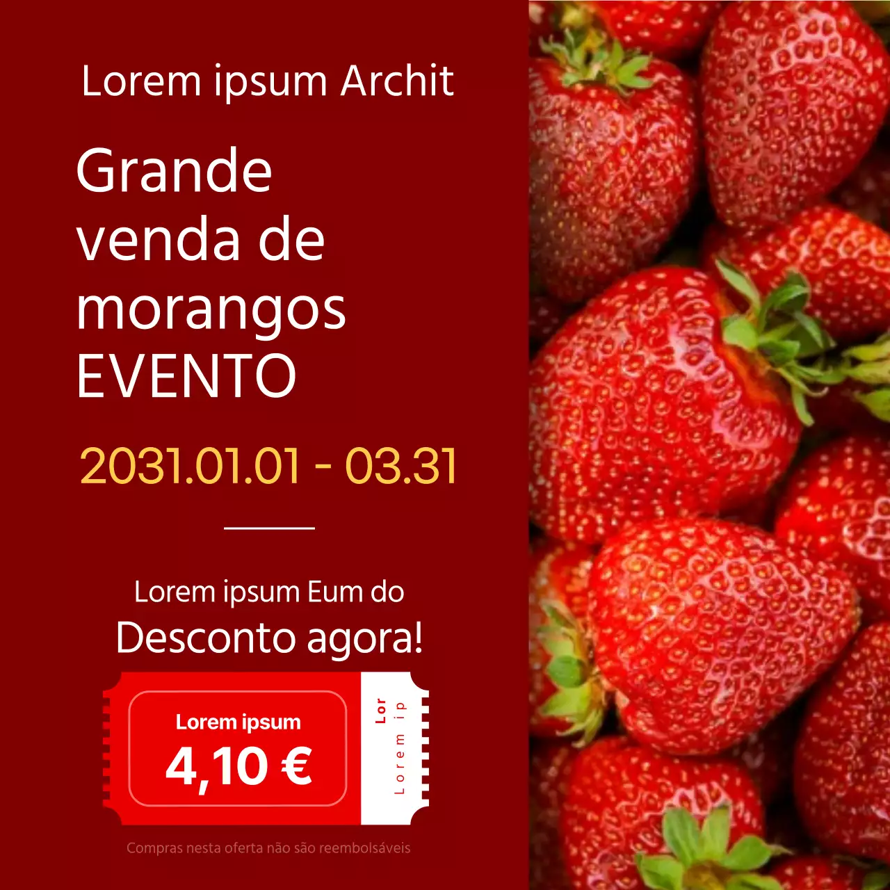 Imagem simples de um morango vermelho e um evento de desconto na caixa