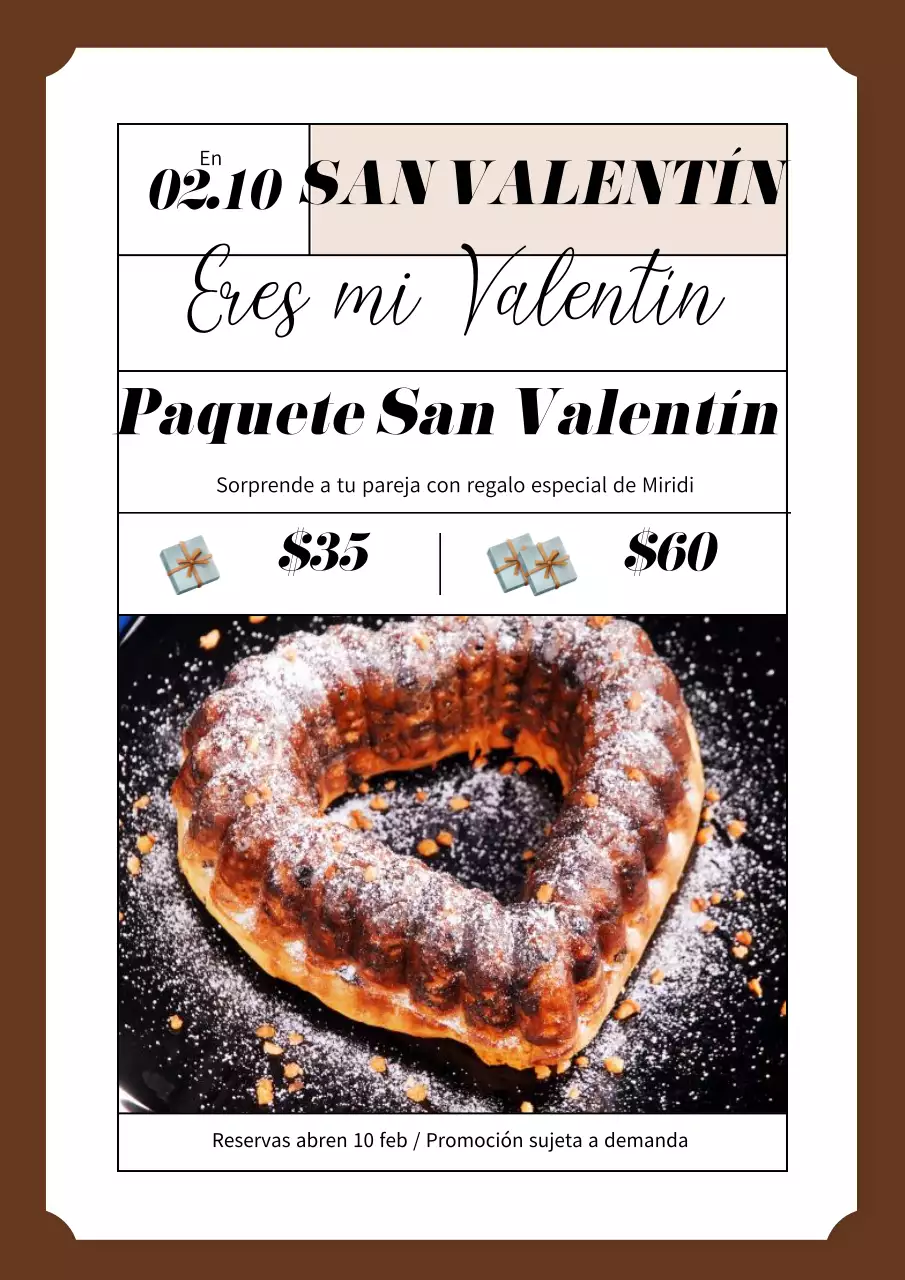 Póster de cafetería de postres de San Valentín en marrón y beige