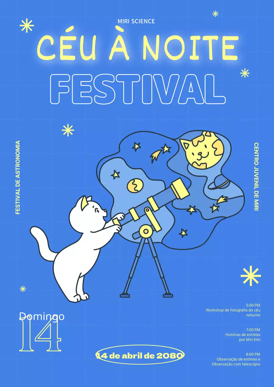 Um festival de ciência para jovens com uma ilustração engraçada de um gato a observar constelações num fundo azul.