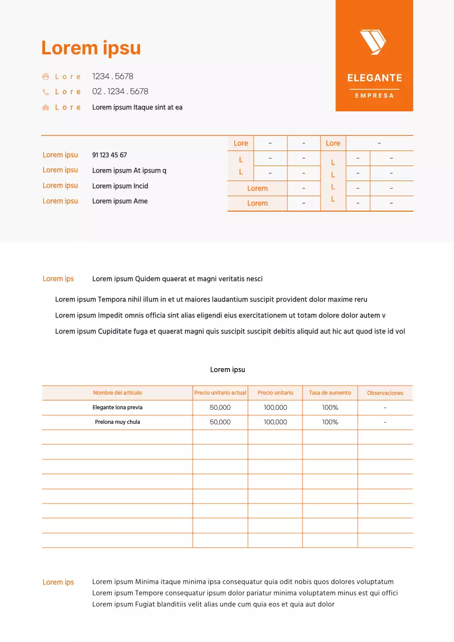 Un concepto limpio de carta de subida de precios en naranja y negro